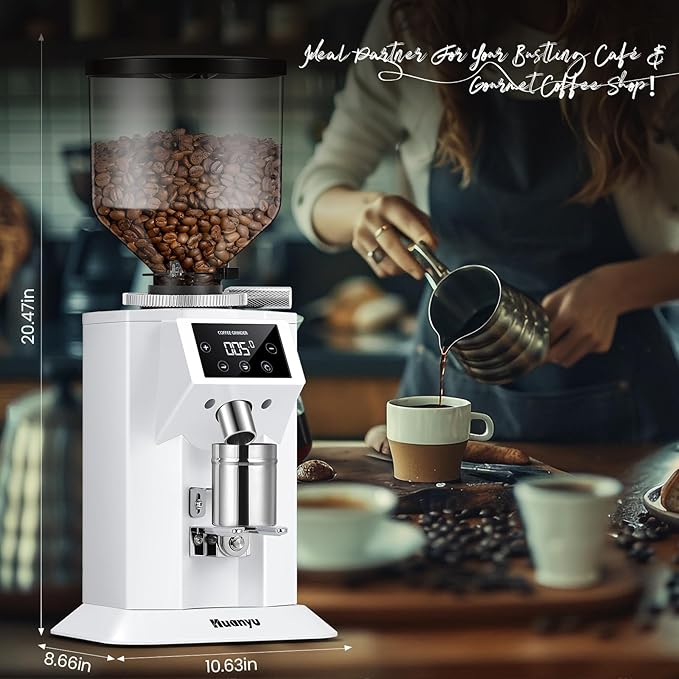 Huanyu Commercial Coffee Grinder with 74mm Flat Burr Reinforced 53oz Bean Hopper (40% Thicker), 15 Stepless Grinds, Touch Screen White