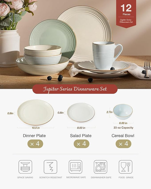 Famiware Jupiter Dinnerware Set, Plates and Bowls Dish Sets for 4 (12 Pieces), Microwave and Dishwasher Safe Stoneware Speckled Tableware, Chip and Scratch Resistant, Multi-color