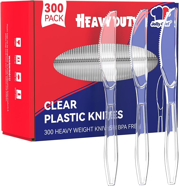 JOLLY CHEF 300 Count Clear Plastic Knives Heavy Duty, 7.7" Heat Resistant Solid and Durable Plastic Knives Disposable, Disposable Bulk Cutlery Suitable for Parties Supply Events Everyday Use