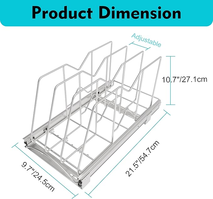 Pull Out Cookie Sheet Organizer for Cabinet, Pan and Pot, Cutting Board, Bakeware, Tray Organizer Rack, Sliding Rack- Heavy Duty, Adjustable Divider Width, 10" W x 22" D x 11" H, Chrome