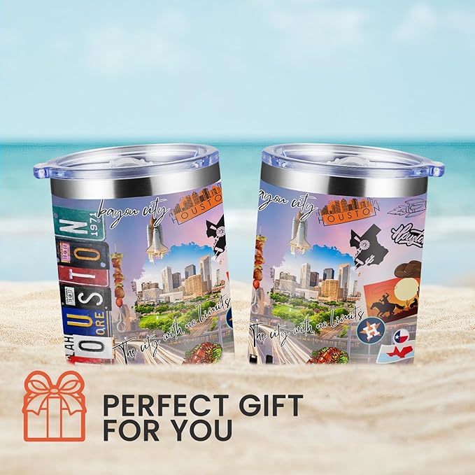 12oz Coffee Mug Huston City State Insulated Coffee Cups, United States Map Travel Mug Landmark, Birthday Gifts Cute Mugs with Lid and Straw Gifts for Mom