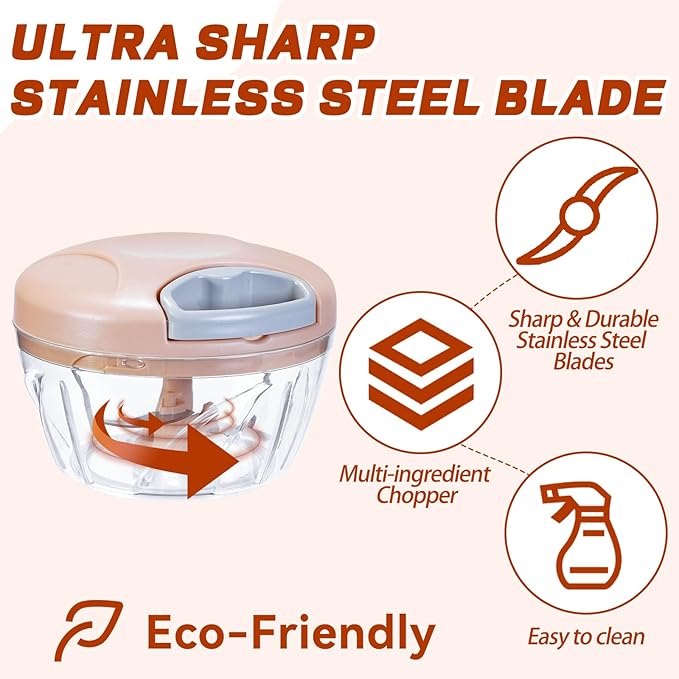 Manual Food Processor Vegetable Chopper, Portable Hand Pull String Garlic Mincer Onion Cutter for Veggies, Suitable for Vegetables, Ginger, Garlic, Fruits, Onion, Potato, Salad (Pink 500 ml)