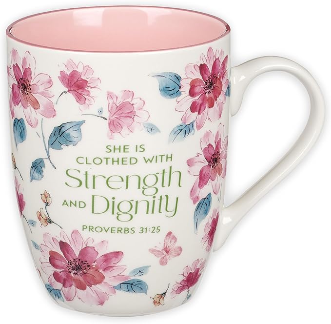 Christian Art Gifts Inspirational Ceramic Coffee & Tea Mug for Women: Strength & Dignity Encouraging Bible Verse Proverb, Microwave & Dishwasher Safe Drinkware, White, Pink & Fuchsia Floral, 12 oz.
