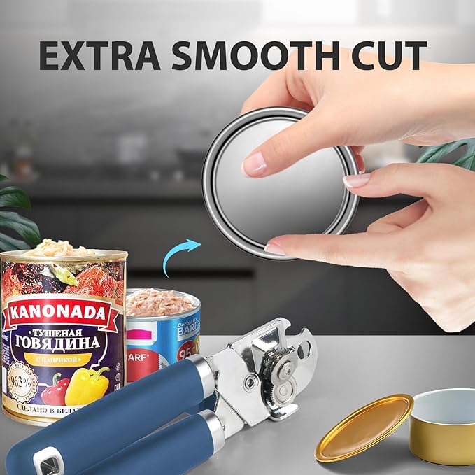 Can Opener Manual, Heavy Duty Handheld Strong Can Opener with Soft Touch Handle, Sharp Blade Smooth Edge, Can Openers with Multifunctional Bottle Opener, Blue