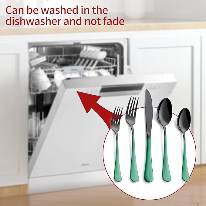 20-Piece Green Silverware Set 18/0 Stainless Steel Silverware Set Green Handle Cutlery Black Set Service for 4 Dinner Knives Forks Spoons Set Flatware SetFinish Dishwasher Safe