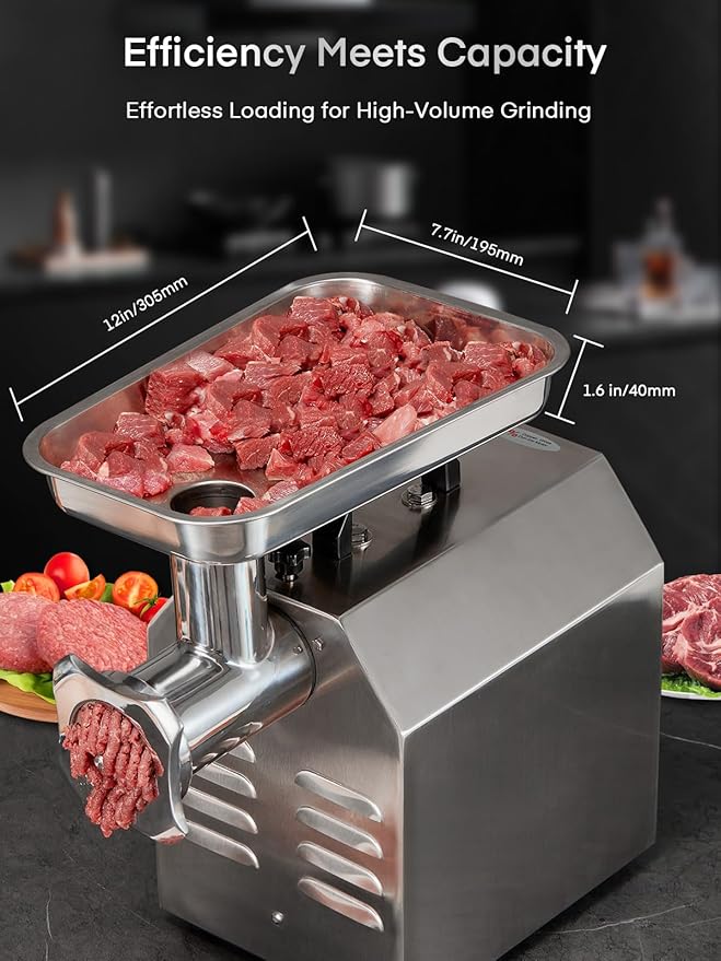 #12 Commercial Meat Grinder, 840 LB/H,1.2HP, Heavy Duty Industrial Meat Grinder, Sausage Stuffing Machine with 2 Stainless Steel Blade, 2 Grinding Plates, Sausage Kit (#12-840LB/H)