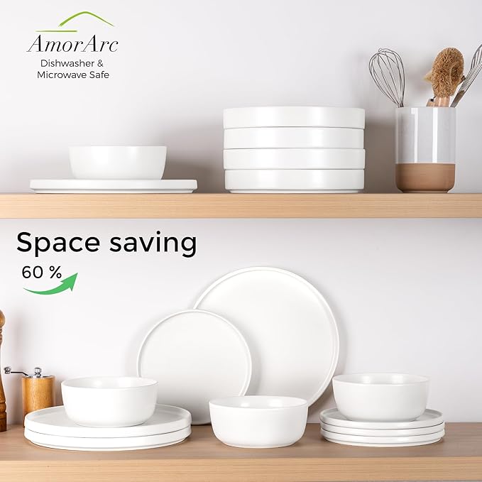 AmorArc Stoneware Dinnerware Sets for 4,Reactive Ceramic Plates and Bowls Set,Highly Chip and Crack Resistant | Dishwasher & Microwave Safe | Round Dishes Set Service for 4 (12pc)
