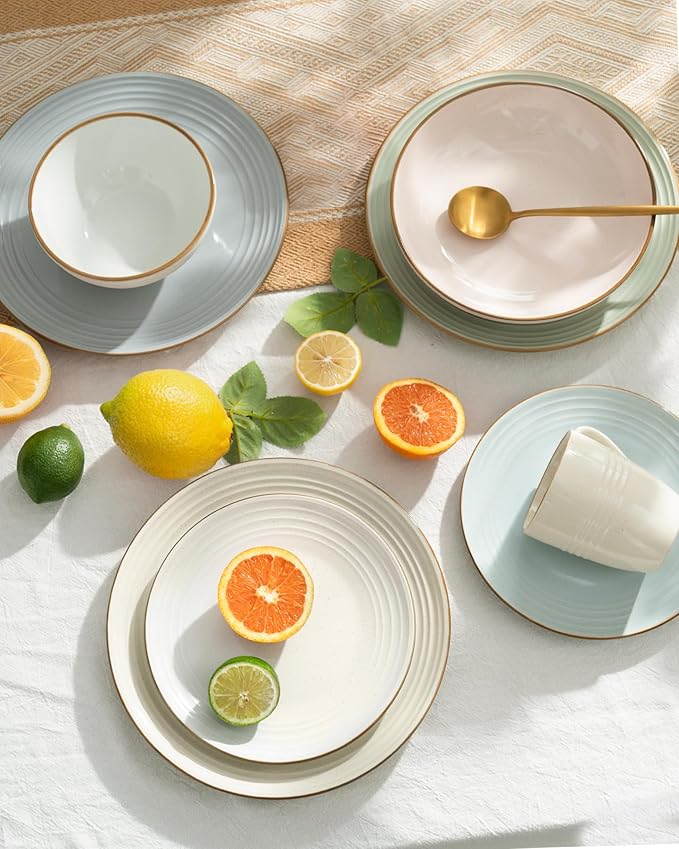 Famiware Jupiter Dinnerware Set with Pasta Bowl, Plates and Double Bowls Dish Sets for 4 (16 Pieces), Microwave and Dishwasher Safe, Chip and Scratch Resistant, Multi-color