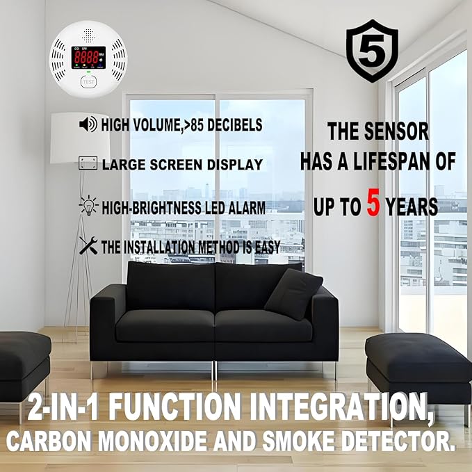 Carbon Monoxide and Smoke Detector Equipped with LCD Display, Battery Powered, Dual Sensor Alarm, 85dB Voice Alarm and Real-time CO Tracking, Suitable for Home/Kitchen/Bedroom/RV 1-Pack