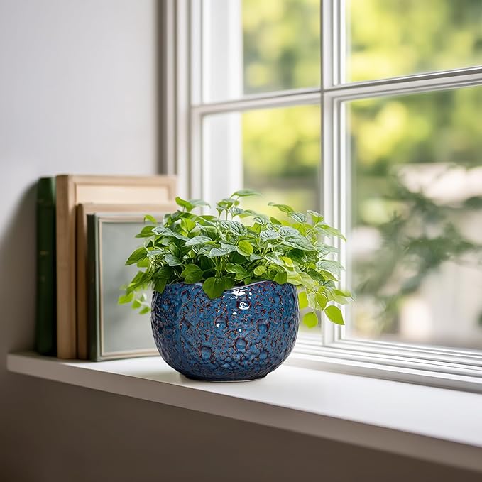 6 Inch Plant Pot - Ceramic Pots for Plants with Drainage Hole, Round Orchid Pot, Unique Planter for Indoor Outdoor, Modern Decorative Flower Pots, Room Decor, Plant Lovers Gifts, Retro Blue