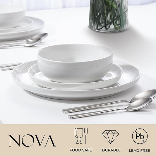 Zulay Kitchen Nova Porcelain Dinnerware Set, Service For 6 - Chip & Scratch Resistant White Plates And Bowls Sets - Microwave & Dishwasher Safe - White