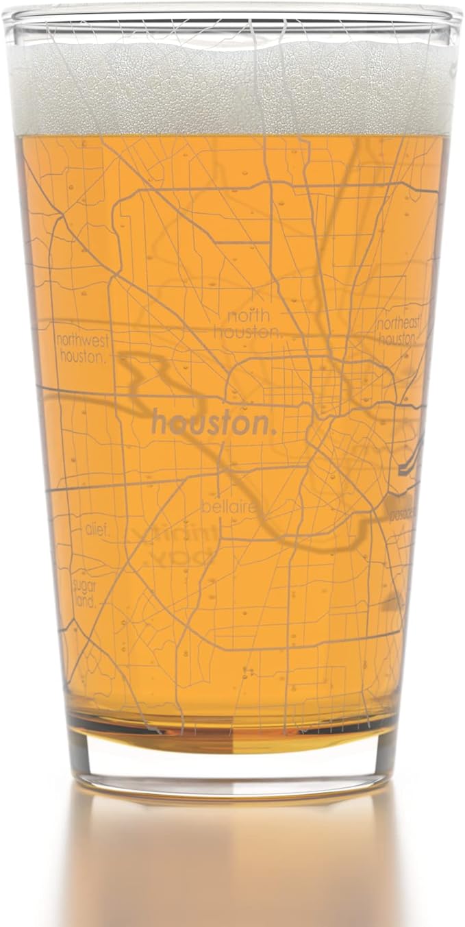 Well Told Engraved Houston Texas Map Pint Glass, Etched Beer Gift (16 oz, Clear) City Map Pint, Custom City Glassware, Gifts For Beer Lovers