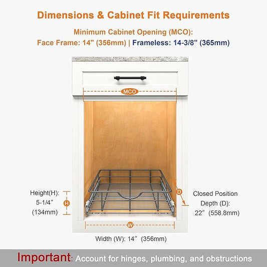 ALINE FURNITURE Pull Out Shelves - 14" W x 22" D Soft Close Pull Out Cabinet Organizer 1 Tier - Slide Out Drawers with Shelf Liner, Heavy Duty Steel Wire Baskets for Kitchen Cabinets, Pantry, Bathroom