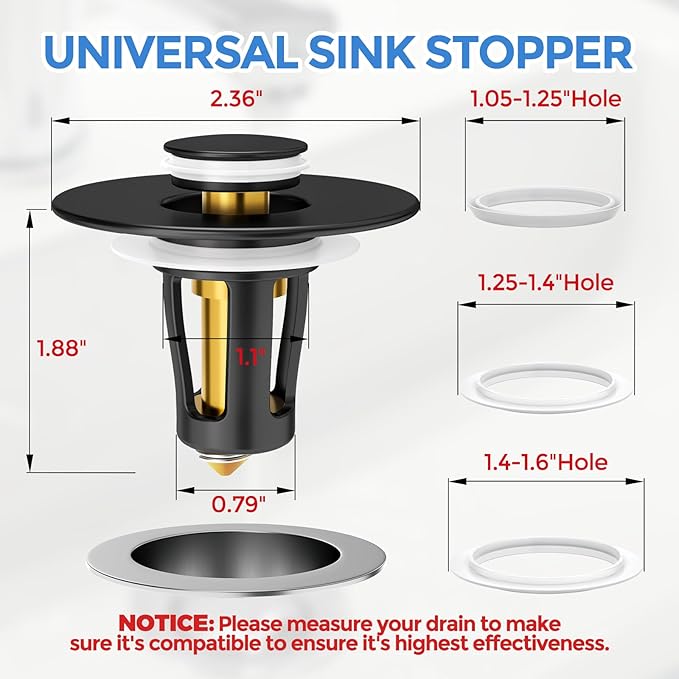 zaa Bathroom Sink Stopper - 2Pack Bathroom Sink Drain Strainer,Pop Up Bathroom Drain Stopper with Anti-Clogging Filter Basket,for 1.05~1.65 in U.S.Standard Basin Drain Holes,Black