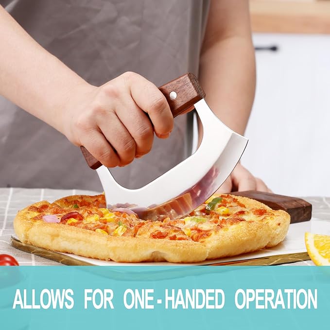 Ulu Knife - Sharp Rocker Mezzaluna Knife with Stand for Cutter Pizza, Meat, Vegetables, Herb, Salad, Stainless Steel Blade, Walnut Wood Handle, Kitchen Essentials Accessories and Gadgets Tools