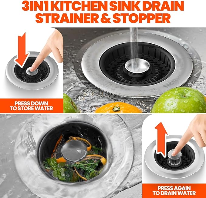 Kitchen Sink Drain Strainer & Sink Stopper, Upgraded Stainless Steel Drain Plug Combo with Anti-Clog Basket, Pop Up Drain Cover for Standard 3-1/2'',Garbage Disposal Parts