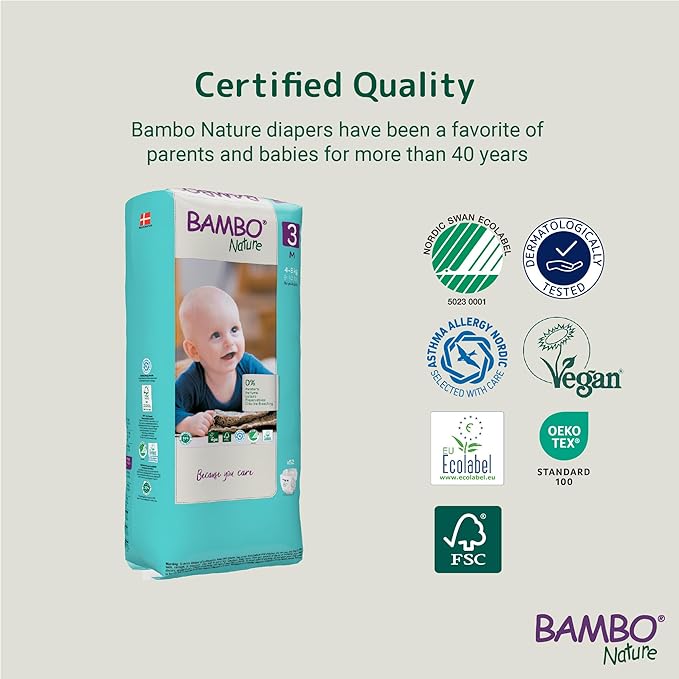Bambo Nature Hypoallergenic Baby Diapers, Eco-Labeled Diapers, Enhanced Leakage Protection, Totally Chlorine-Free, Skin Friendly, and Super Absorbent - Size 3 (156 Count)