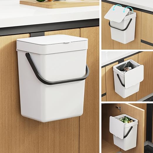 LALASTAR Small Trash Can with Lid, Kitchen Compost Bin for Countertop or Under Sink, Plastic Hanging Waste Basket for RV/Office/Bedroom/Dorm, Mountable, 5L/1.3 Gal,Sliding Lid, White