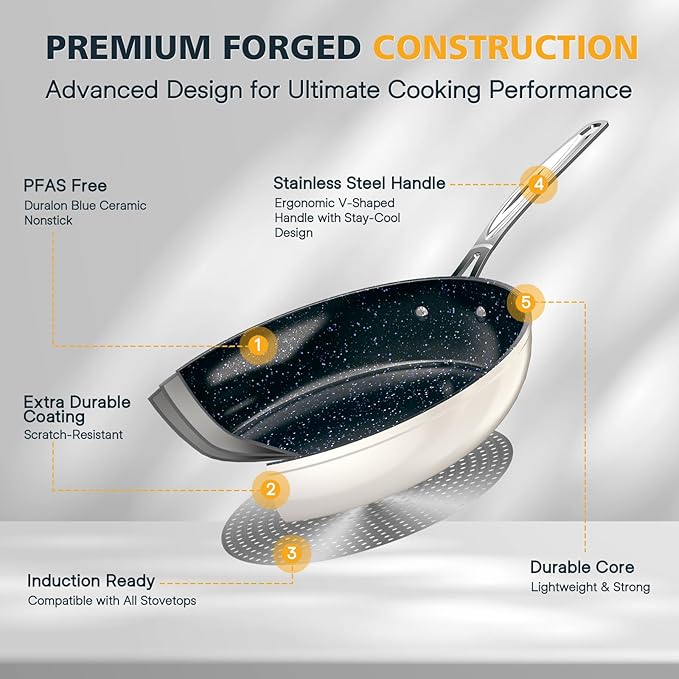 Nuwave 3-Piece 8”, 10”, 12” Forged Lightweight Frying Pan Set, G10 Healthy Duralon Blue Ceramic Ultra Non-Stick, Ergonomic Stay-Cool Handles, Induction-Ready & Works on All Cooktops