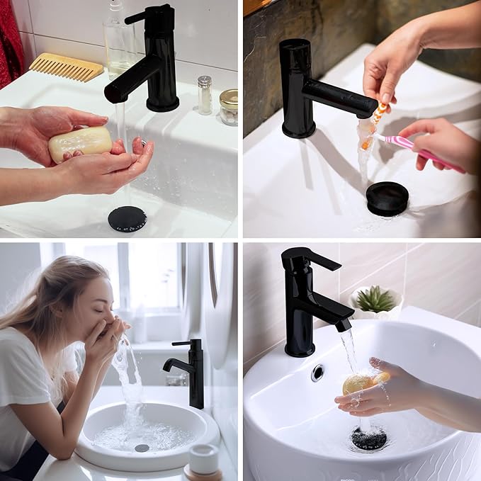 Hibbent All Metal 2 in 1 Bathroom Sink Stopper, Universal Pop Up Drain Strainer, Brass Bullet Core Push Type Sink Stopper for 1.1''~2.3'' Basin, Big Push Button, Anti Clogging Filter, Matte Black