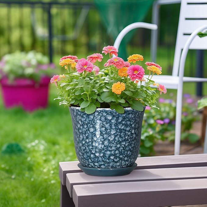 8 Inch Plant Pot - Ceramic Planter for Indoor Outdoor, Round Planter with Drainage Hole and Saucer, Modern Planters, Decorative Flower Pot, Garden Room Office Home Decor, Garden Gifts, Blue