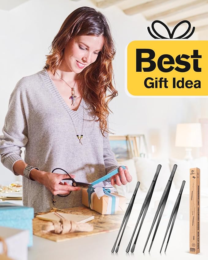 4 Pcs Fine Long Tweezer Tongs Professional Black, 12'' and 10'' Stainless Steel for Kitchen, Food, Cooking, Repairing, Sea food and BBQ