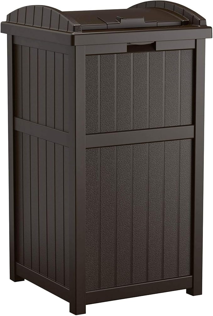 Suncast Trash Hideaway Durable Plastic Outdoor Garbage Waste Trash Can with Lid for 30 to 33 Gallon Trash Bags, Java Brown (2 Pack)