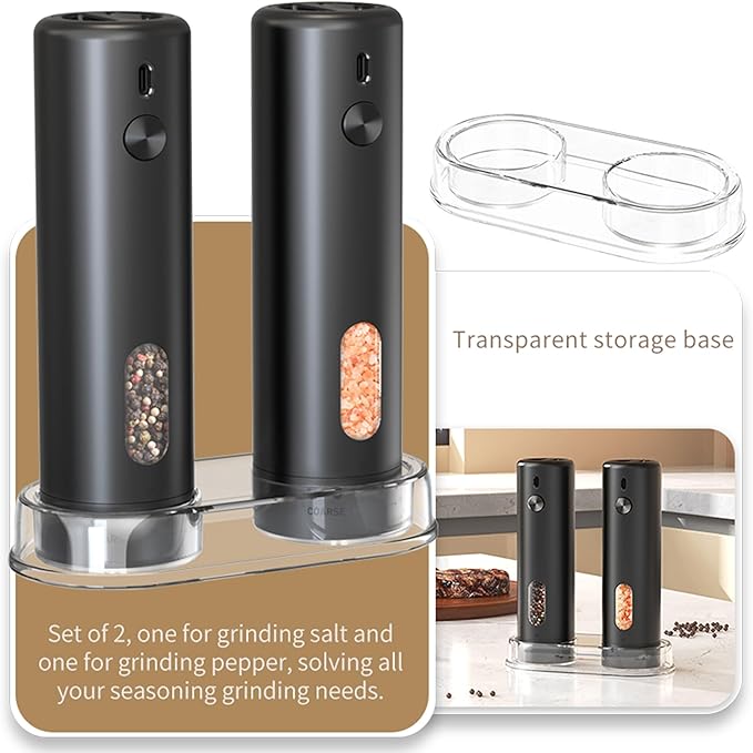 Electric Salt and Pepper Grinder Set Automatic Pepper Mill Shakers Adjustable Coarseness Easy Filling Upgraded USB Rechargeable Electric Spice Mill Set with Led (2 Pack Black/Black)