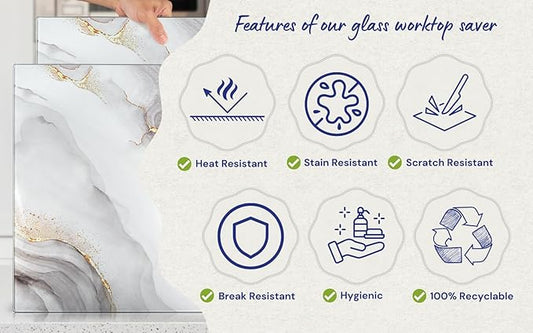 Glass Cutting Board 16"x12": Tempered Glass Kitchen Counter Protector - Durable- Scratch-Resistant, Heat-Proof - Design 7 - White & Gold