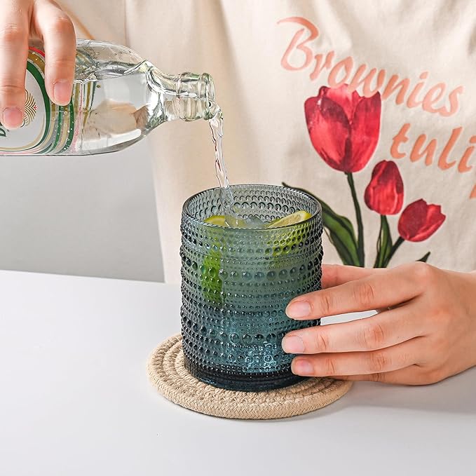 Vintage Hobnail Drinking Glasses Set of 8,Colored 12 oz & 15oz Highball Glass Cups, Kitchen Drinkware Glassware,Embossed Water Tumbler,for Beer,Cocktail,Whiskey,Juice and Various Mixed Drinks