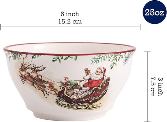 Bico Santa On The Way Cereal Bowls Set of 4, 25 oz Deep Ceramic Soup Bowls for Cereal, Salad, Noodles, Kitchen, Microwave and Dishwasher Safe, Gift for Housewarming and Christmas