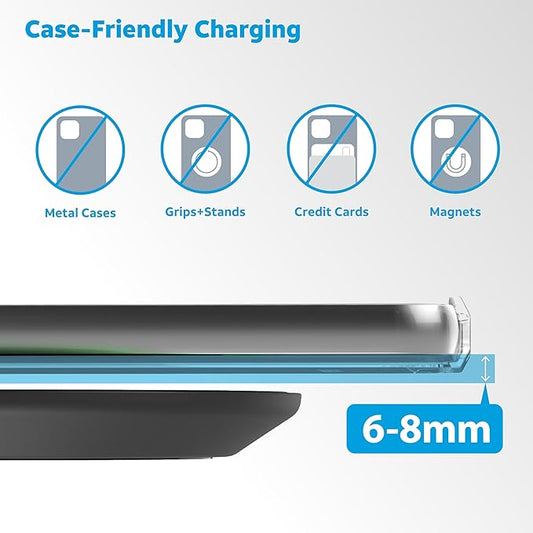 AT&T 15W Qi Wireless Charging Pad – Case-Friendly USB-C Fast Charging Station for iPhone 17/16/15/14, AirPods, Samsung Galaxy S25/S24, Pixel, and All Qi-Compatible Devices – Black