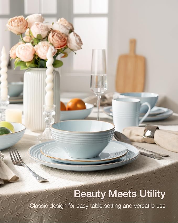 Famiware Jupiter Dinnerware Set, Plates and Bowls Dish Sets for 4 (12 Pieces), Microwave and Dishwasher Safe Stoneware Speckled Tableware, Chip and Scratch Resistant, Light Blue