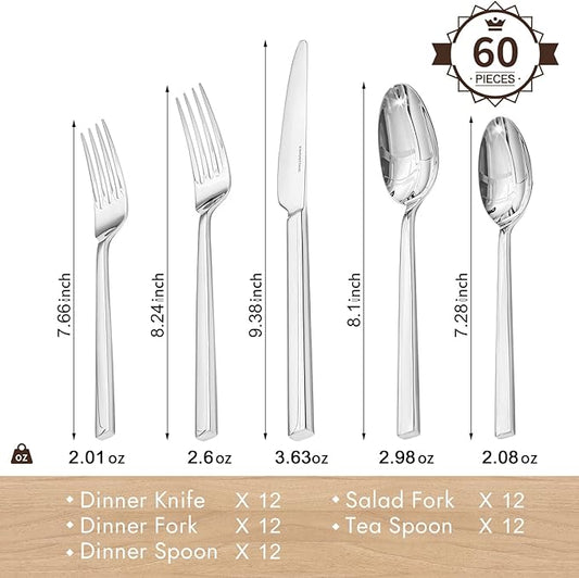 KINGSTONE Silverware Set, 60-Piece Flatware Cutlery Set Premium Stainless Steel, Service for 12, for Kitchen, Home, Wedding, Party, Mirror Polished and Dishwasher Safe