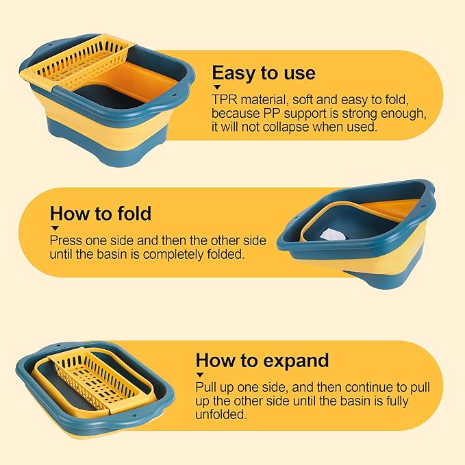Collapsible Dish Basin Colander for Kitchen,Portable Bucket Camping Sink 2.9 Gallon (11L) (Green)