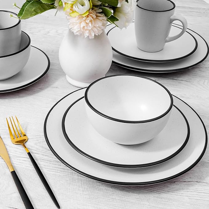 Homlouue 16 Pieces Stoneware Dinnerware Set, Speckled Ceramic Plates and Bowls Mugs Sets Service for 4, Ceramic Dishes Set, Microwave and Dishwasher Safe(White with Black Rim)