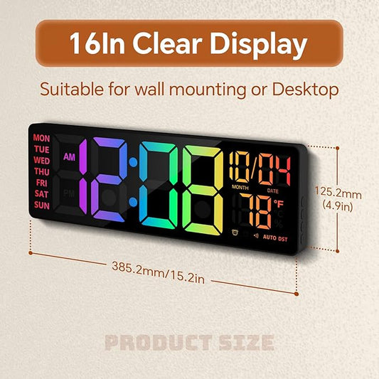 16" Digital Wall Clock with Night Light, Digital Clock with RGB Colors Changing Remote Control, Dual Alarm, Dimmer, Auto DST, Voice Control, Auto Time Sync, Clocks for Living Room, Gift for Elderly