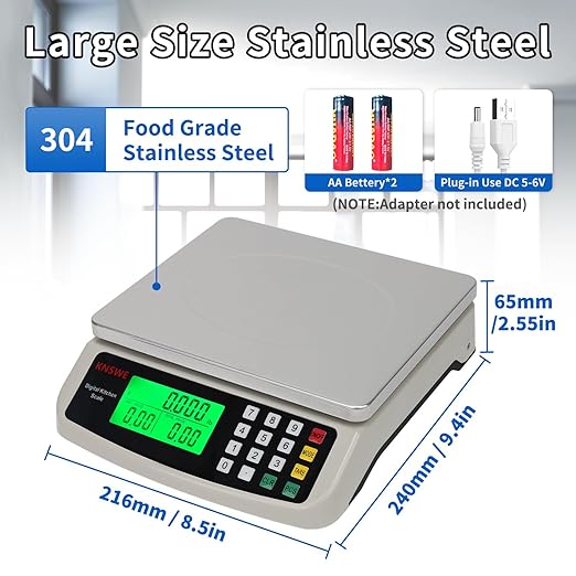 Commercial Food Scale 40KG Large Digital Kitchen Scale Baking Cooking Bread Meat Weight Price Computing Scale Stainless Steel Parts and Coins Counting Scale for Deli Stores Tare Function