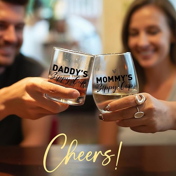 Mommy Daddy's Sippy Glass Cup for New Mom, Dad, Funny unique Gifts for Parents, Stemless Wine Glass and Whiskey Glass Gifts for Couples,Parents,Women,Men,Mom,Dad