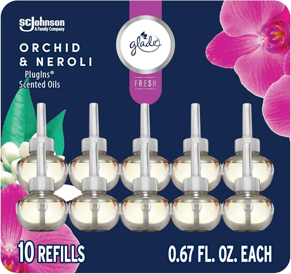 Glade PlugIns Refills Air Freshener, Orchid & Neroli, Scented and Essential Oils for Home and Bathroom, 0.67 Fl Oz, 10 Count