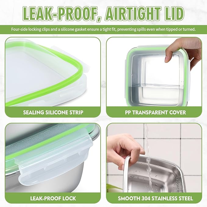 2 Pack Sandwich Containers, 24oz Stainless Steel Sandwich Box with Airtight Lids, Reusable Metal Meal Prep Lunch Boxes, BPA-Free, Dishwasher Safe, Food Storage Containers for Families (Green)