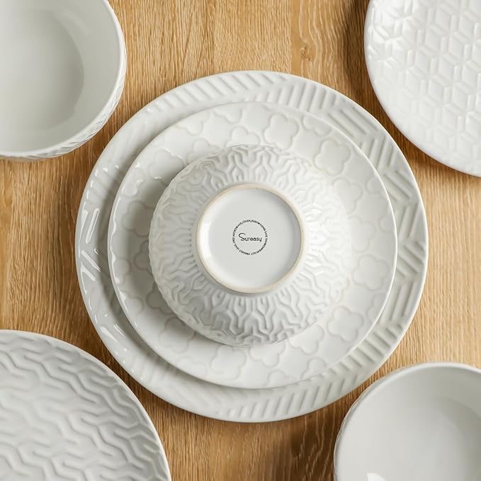 Sureasy Ceramic Dinnerware Sets for 8, 24 Piece Embossed Plates and Bowls Sets, Scratch Resistant Stoneware Dishes Set, Dishwasher and Microwave Safe, White