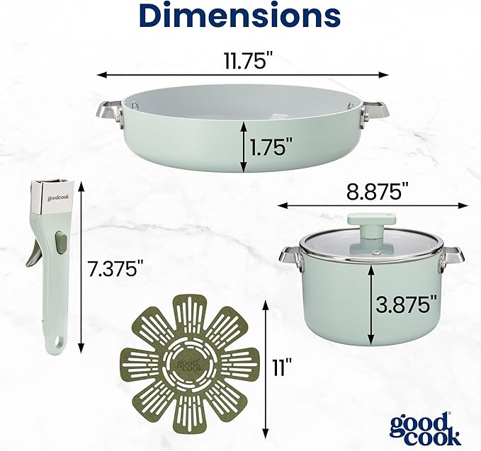 GoodCook Ceramic Cookware Set 5-Piece with Removable Handle, Induction Compatible, Nonstick and Oven Safe with 9.5-Inch Frypan, Sage Green
