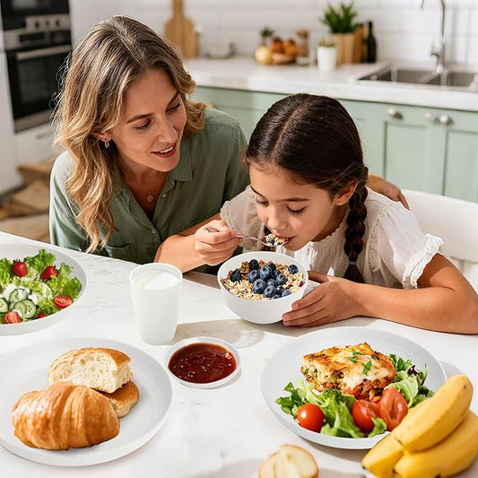 Wheat Straw Plates and Bowls Sets of 16,Unbreakable Dinnerware Sets for 4, Microwave & Dishwasher Safe Kids Dish Set for Kitchen, Outdoor, Camping, Party, RV- White