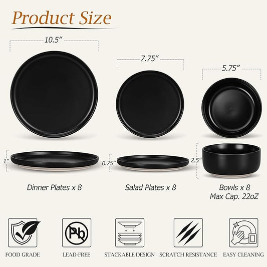 LIANYU Plates and Bowls Sets for 8, 24 Piece Stoneware Dinnerware Set, Porcelain Dishware for Kitchen and Dining, Microwave Oven Dishwasher Safe, High temperature & Scratch Resistant, Matte Black