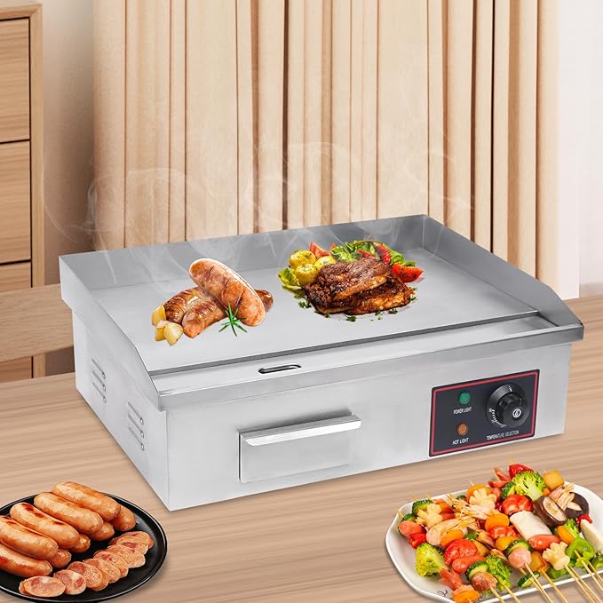 Electric Countertop Griddle Commercial BBQ Grill, Stainless Steel BBQ Flat Top Grill Hot Plate Countertop Electric Stove with Adjustable Thermostatic Control for Steak Kitchen (1.6KW)