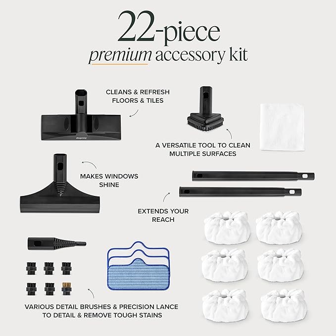Dupray Neat Steam Cleaner with 22-Piece Accessory Kit โ Versatile, Portable Steamer for Floors, Upholstery, Tiles, and More, removes 99.9% of Bacteria & Viruses* (incl. x6 Triangle Bonnets)