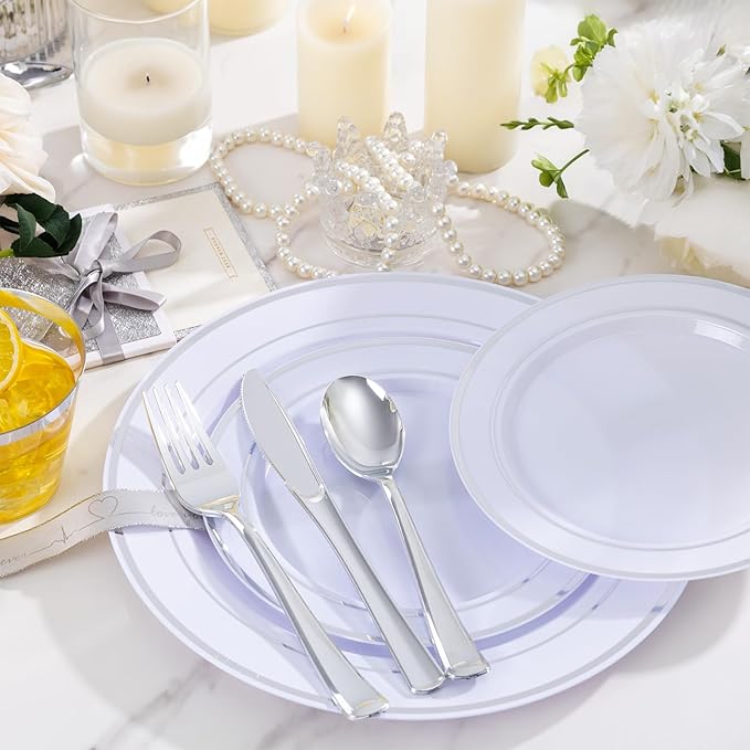 150 PCS Silver Disposable Dinnerware Set for 25 Guests, Silver Plastic Plates for Party, Including 25 Dinner Plates, 25 Salad Plates, 25 Cups, 25 Forks Knives Spoons for Wedding and Party Supplies