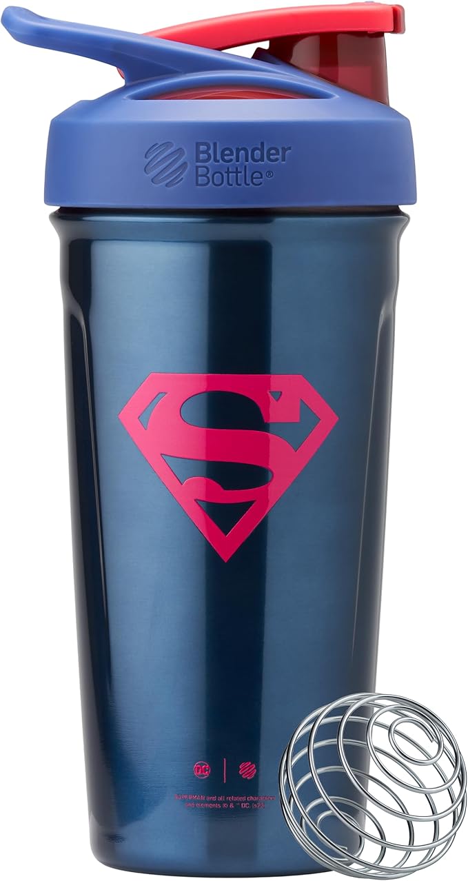 BlenderBottle Superman Strada Shaker Cup Insulated Stainless Steel Water Bottle with Wire Whisk, 24-Ounce, Man of Steel - Blue