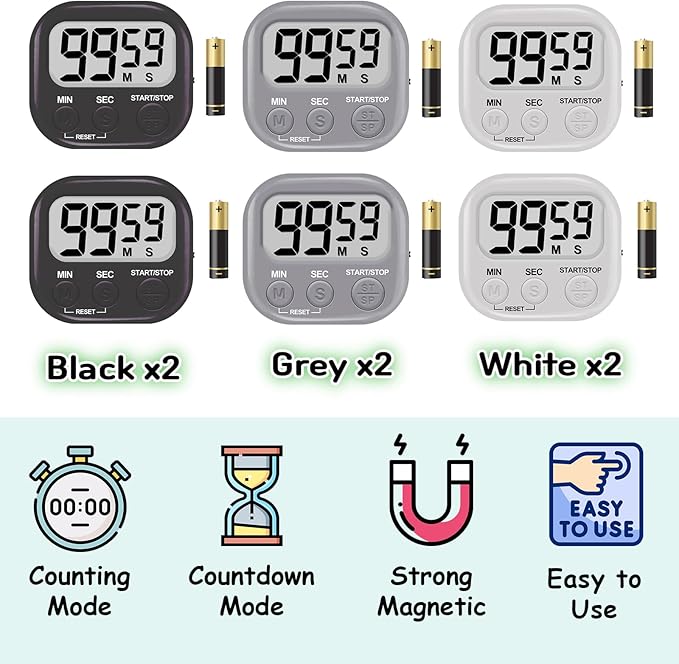 6-Pack Digital Kitchen Timer, 99-Min 59-Sec Countdown & Stopwatch, Loud 100dB Alarm, Strong Magnet, Power-Saving On/Off Switch, Time Memory, Classic Colors, Multiple Placements, Batteries Included